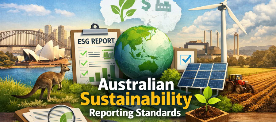 Australian Sustainability Reporting Standards (ASRS) graphic showing ESG report, renewables, and Australian landmarks.